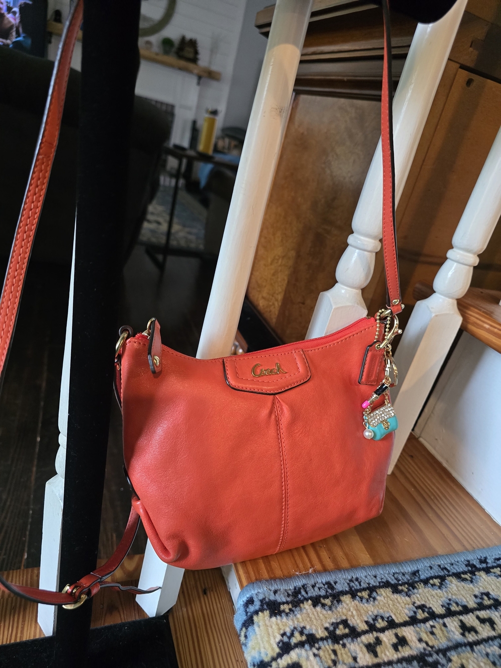 Coach Coral-Red Leather Crossbody Bag with Gold Hardware